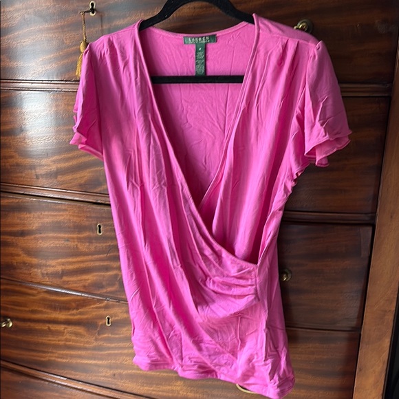 Lauren Ralph Lauren- Pink Wrap Blouse with Short double layer flutter Sleeves - Picture 1 of 7